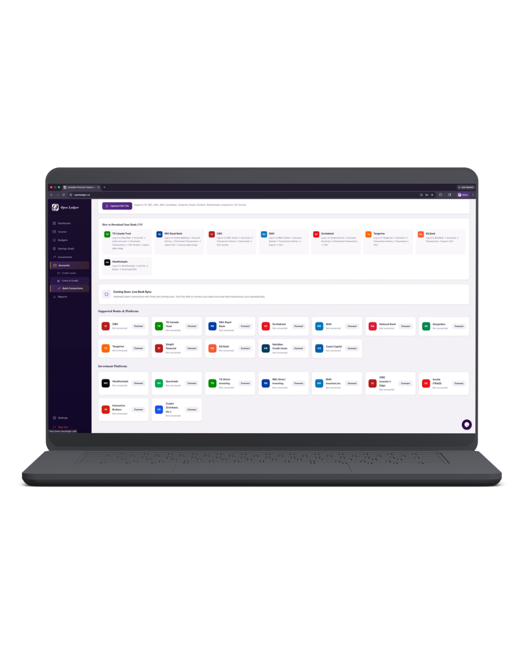 Bank connections — supported Canadian institutions with one-click CSV import