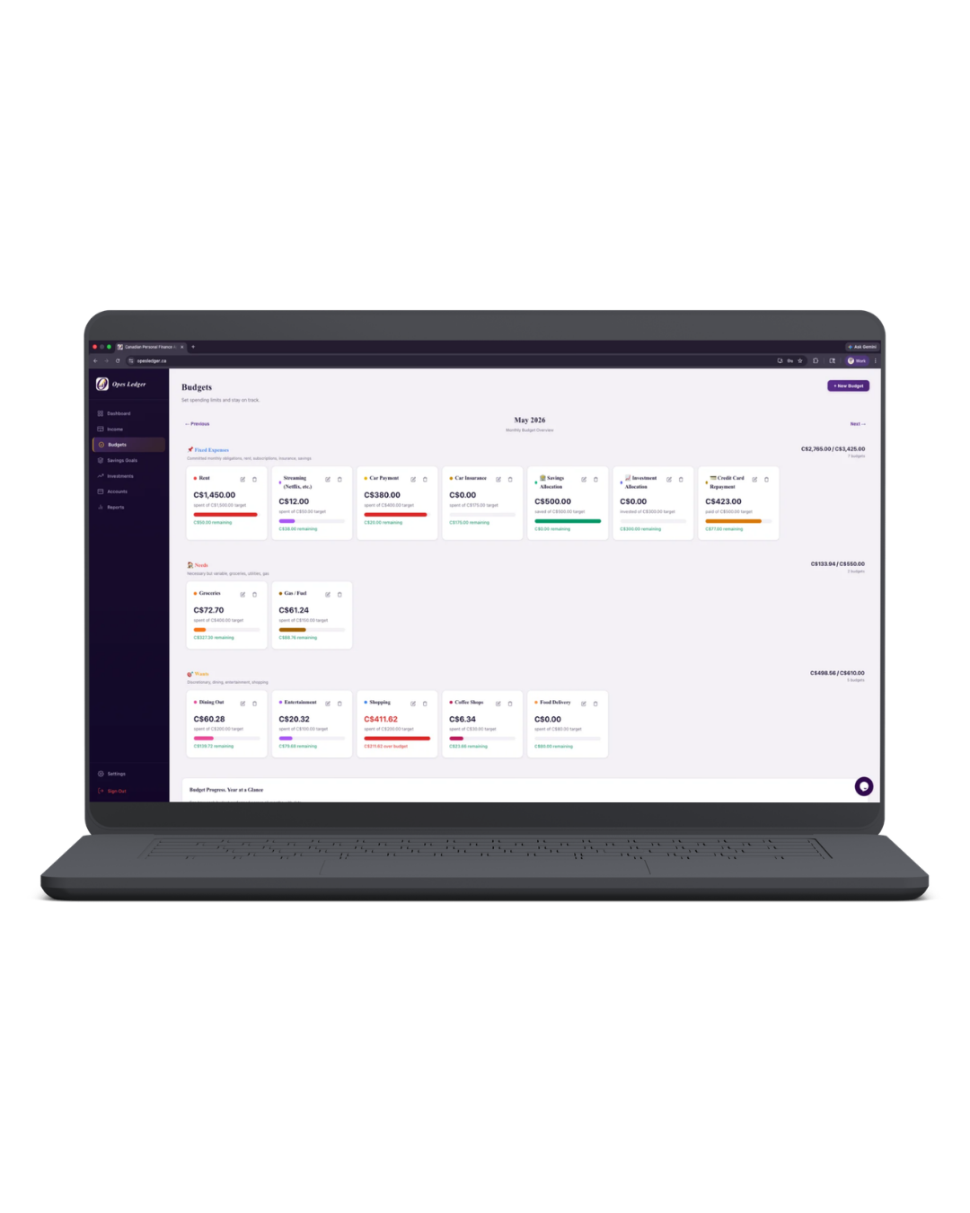 Budget tracking with category targets and progress bars