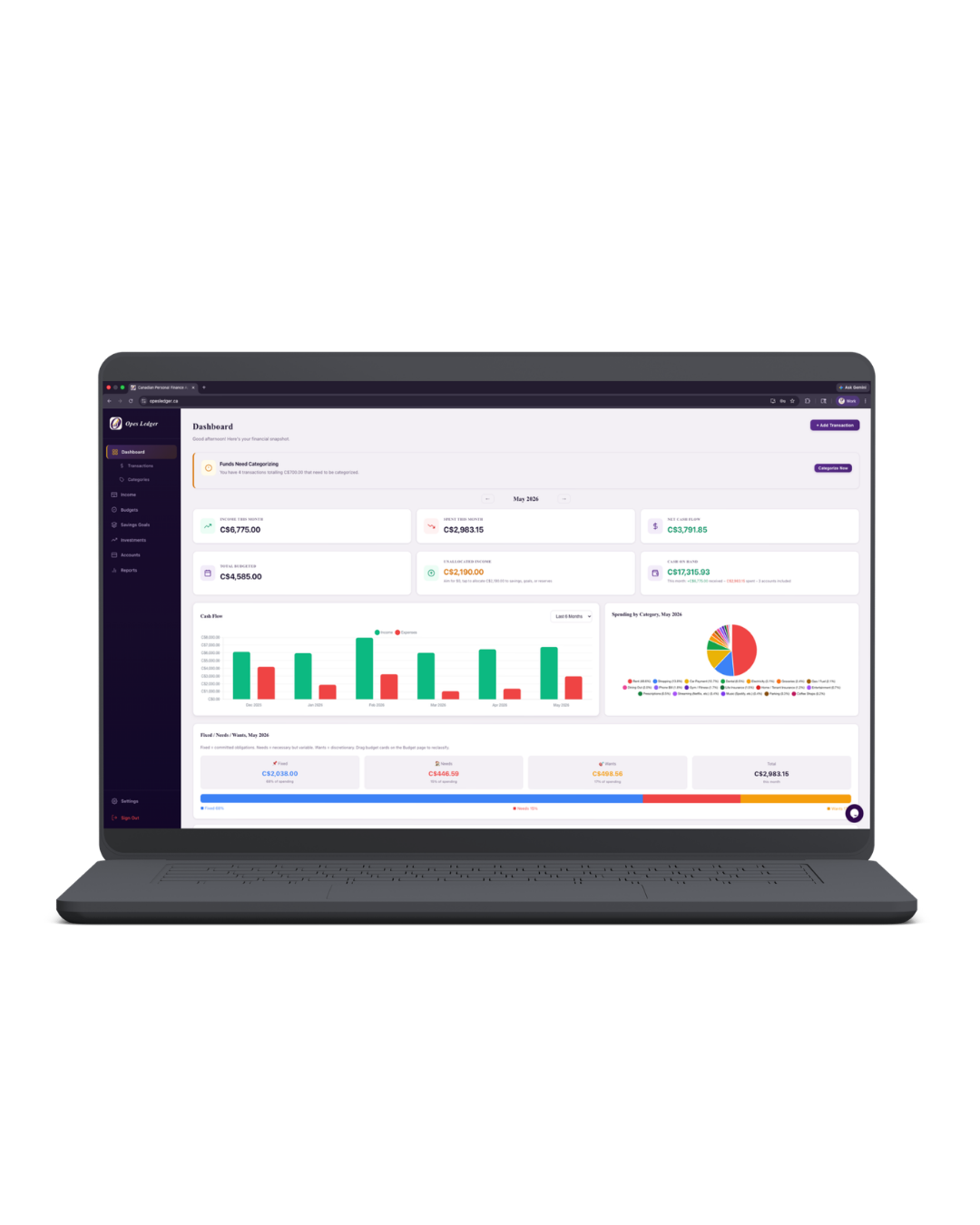 Opes Ledger dashboard showing net worth, accounts, and monthly cash flow at a glance