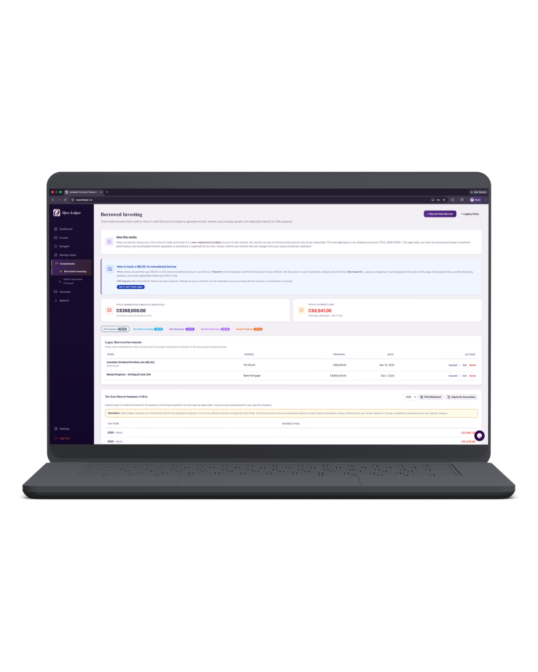 Borrowed-investing tracker with CRA-eligible interest deduction summary